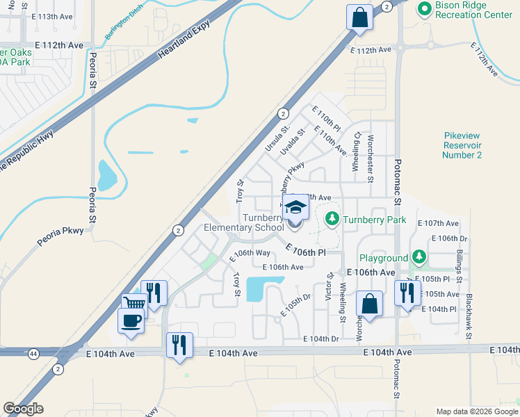 map of restaurants, bars, coffee shops, grocery stores, and more near 12904 East 108th Avenue in Commerce City