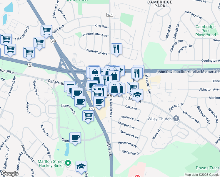 map of restaurants, bars, coffee shops, grocery stores, and more near 8 North Maple Avenue in Evesham Township