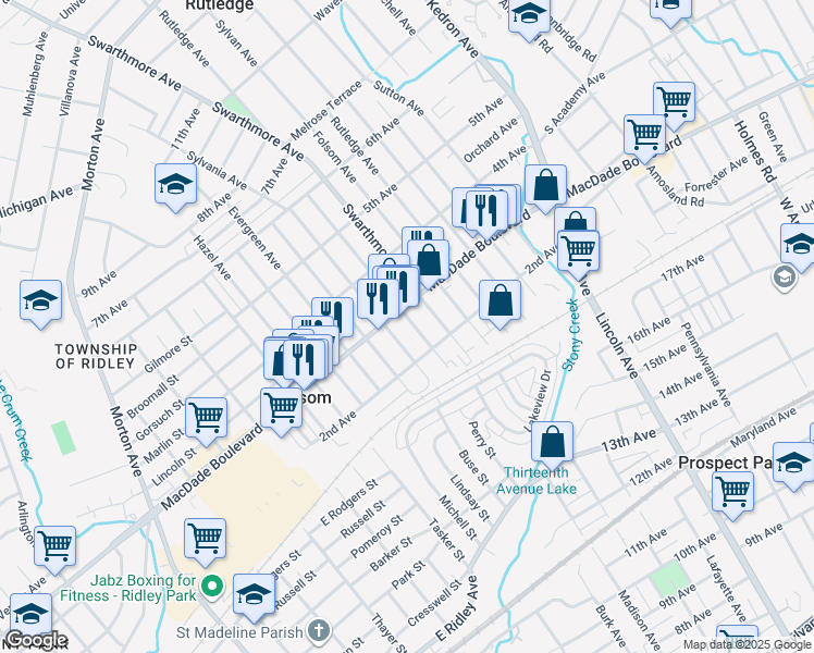 map of restaurants, bars, coffee shops, grocery stores, and more near 1100 MacDade Boulevard in Folsom
