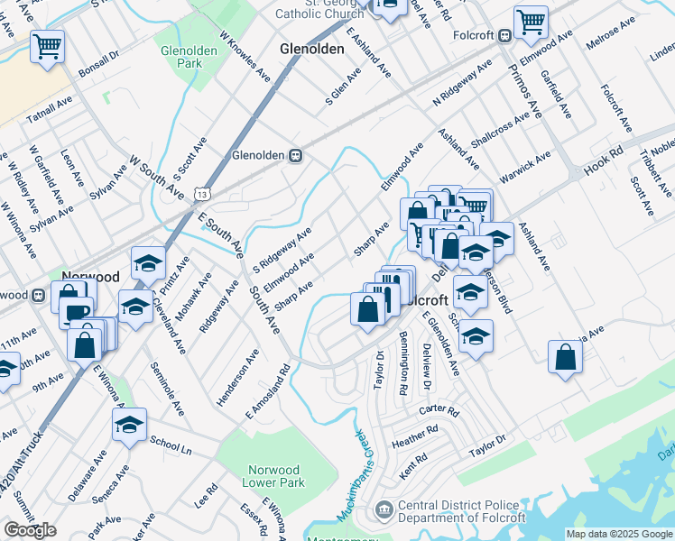 map of restaurants, bars, coffee shops, grocery stores, and more near 407 Sharp Avenue in Glenolden