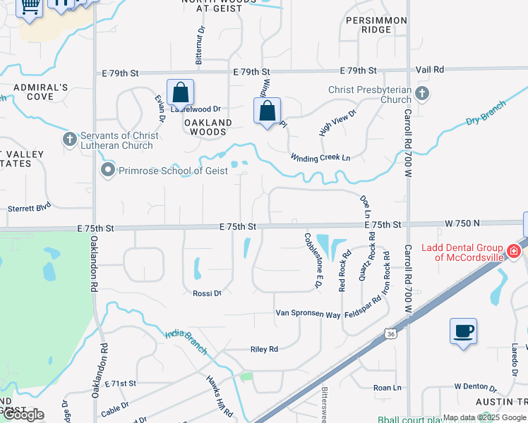 map of restaurants, bars, coffee shops, grocery stores, and more near 7528 Doe Lane in Indianapolis