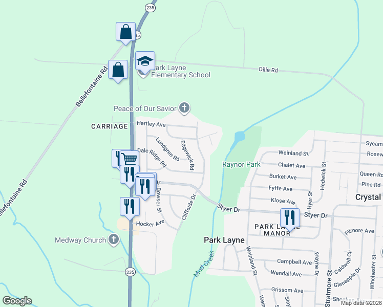 map of restaurants, bars, coffee shops, grocery stores, and more near 871 Cliffside Drive in New Carlisle