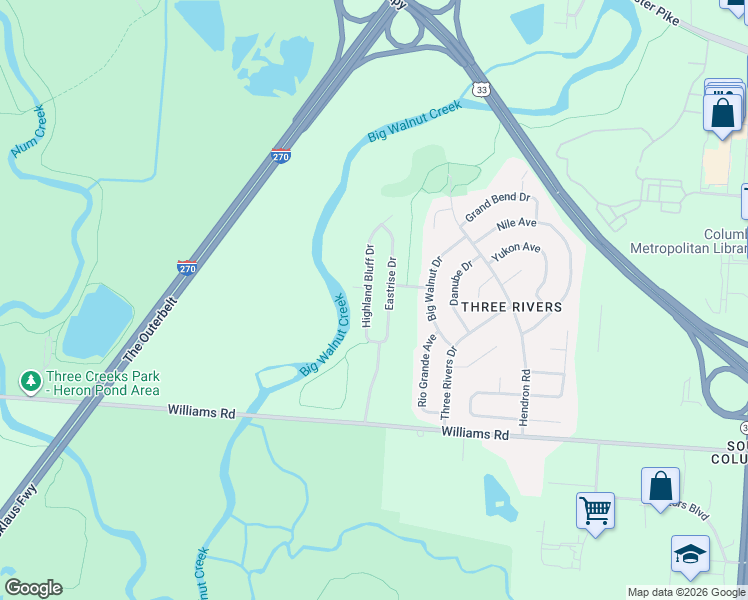 map of restaurants, bars, coffee shops, grocery stores, and more near 3897 Eastrise Drive in Groveport