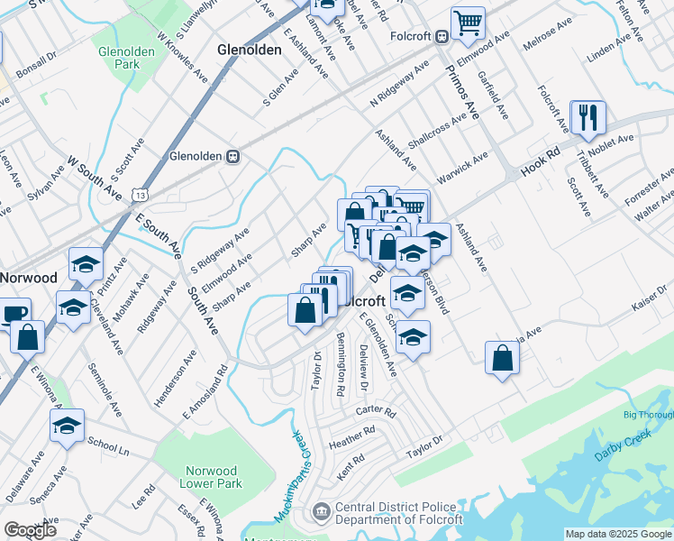 map of restaurants, bars, coffee shops, grocery stores, and more near 617a Grant Road in Folcroft