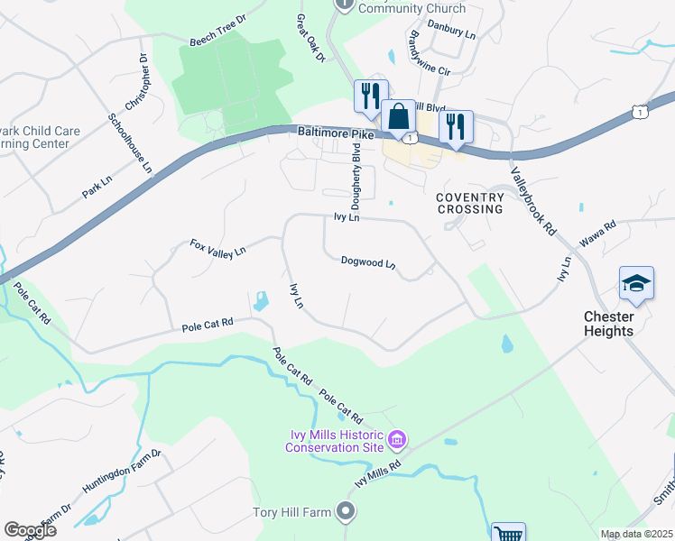 map of restaurants, bars, coffee shops, grocery stores, and more near 76 Dogwood Lane in Glen Mills