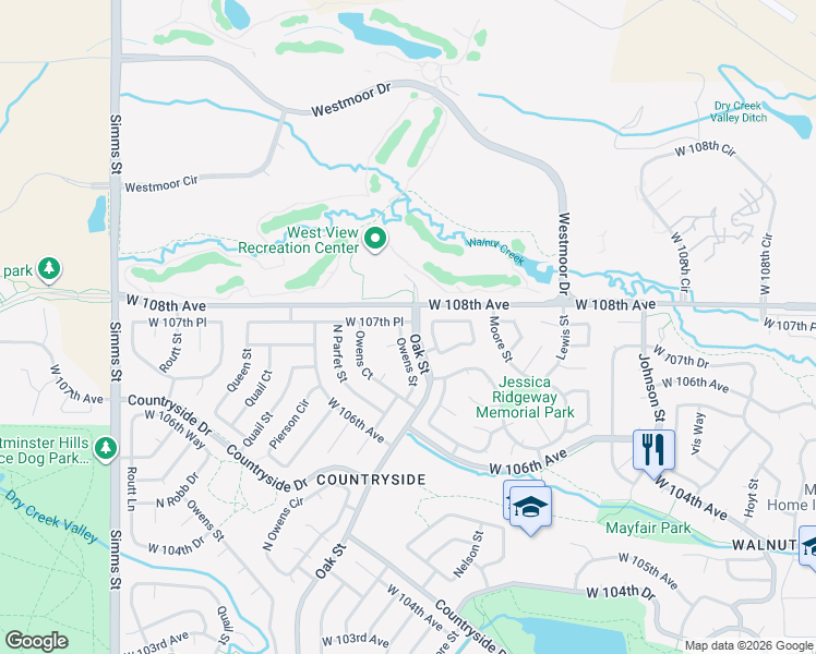 map of restaurants, bars, coffee shops, grocery stores, and more near 10801 West 107th Place in Westminster