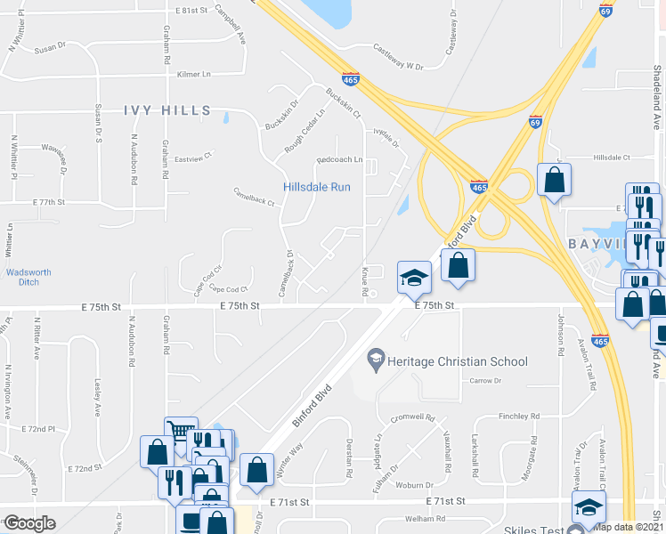 map of restaurants, bars, coffee shops, grocery stores, and more near 7559 Ivywood Drive in Indianapolis