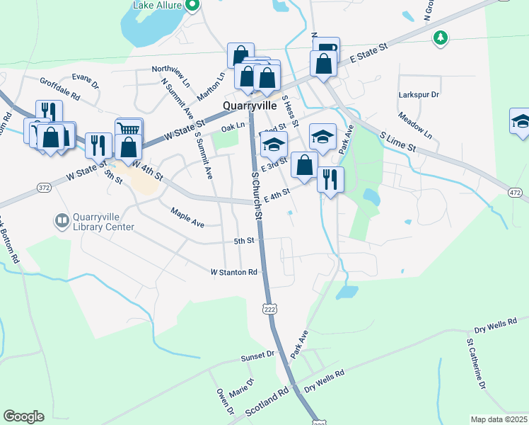 map of restaurants, bars, coffee shops, grocery stores, and more near 307 South Church Street in Quarryville