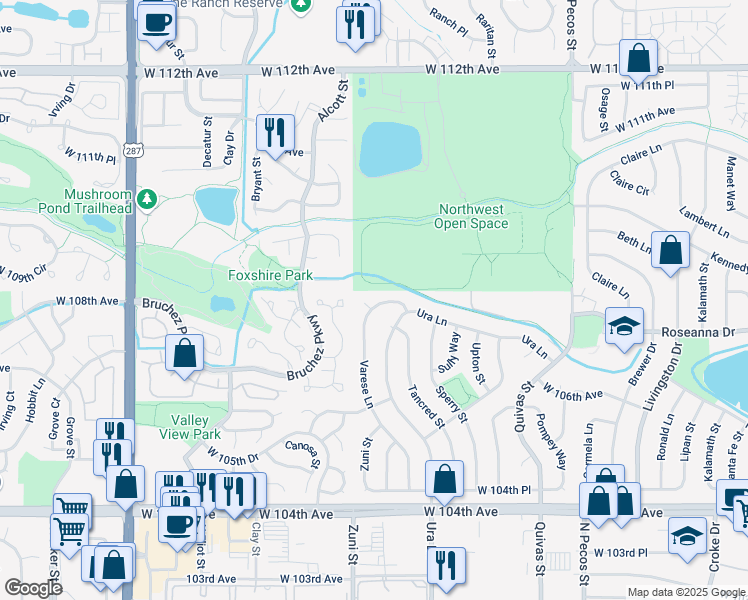 map of restaurants, bars, coffee shops, grocery stores, and more near 10755 Varese Lane in Northglenn