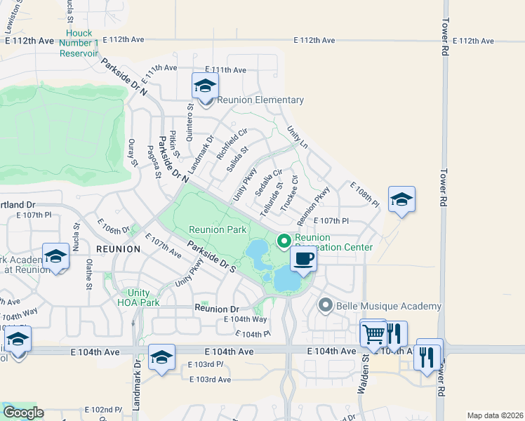 map of restaurants, bars, coffee shops, grocery stores, and more near 10745 Telluride Street in Commerce City