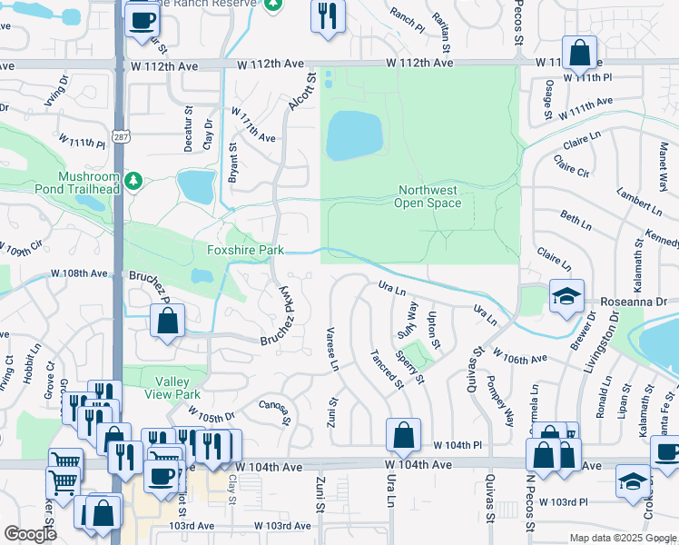 map of restaurants, bars, coffee shops, grocery stores, and more near 10755 Varese Lane in Northglenn