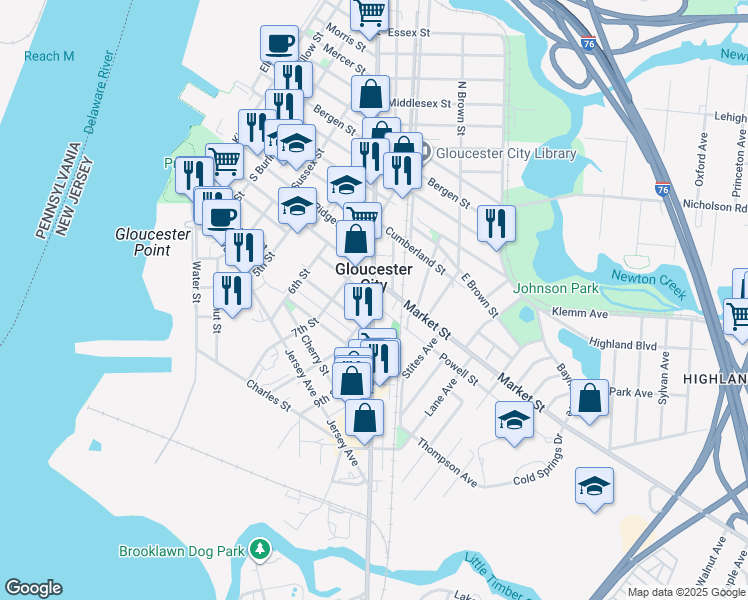 map of restaurants, bars, coffee shops, grocery stores, and more near in Gloucester City