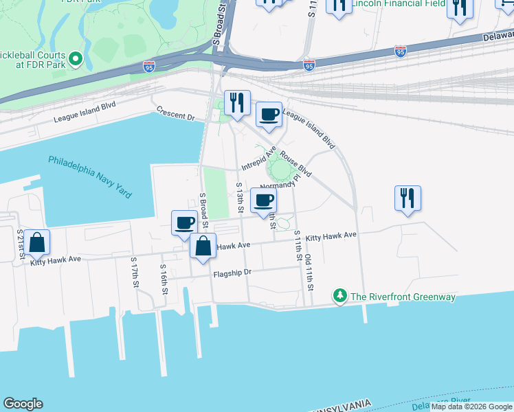 map of restaurants, bars, coffee shops, grocery stores, and more near 1200 Normandy Place in Philadelphia