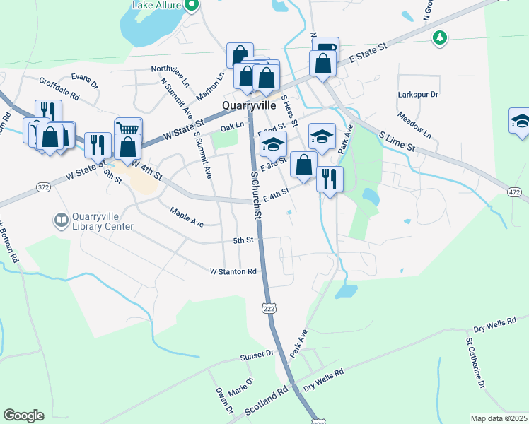 map of restaurants, bars, coffee shops, grocery stores, and more near 307 South Church Street in Quarryville