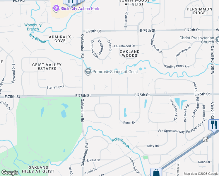 map of restaurants, bars, coffee shops, grocery stores, and more near 7534 Dry Branch Court in Indianapolis