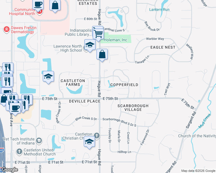 map of restaurants, bars, coffee shops, grocery stores, and more near 7604 Micawber Circle in Indianapolis
