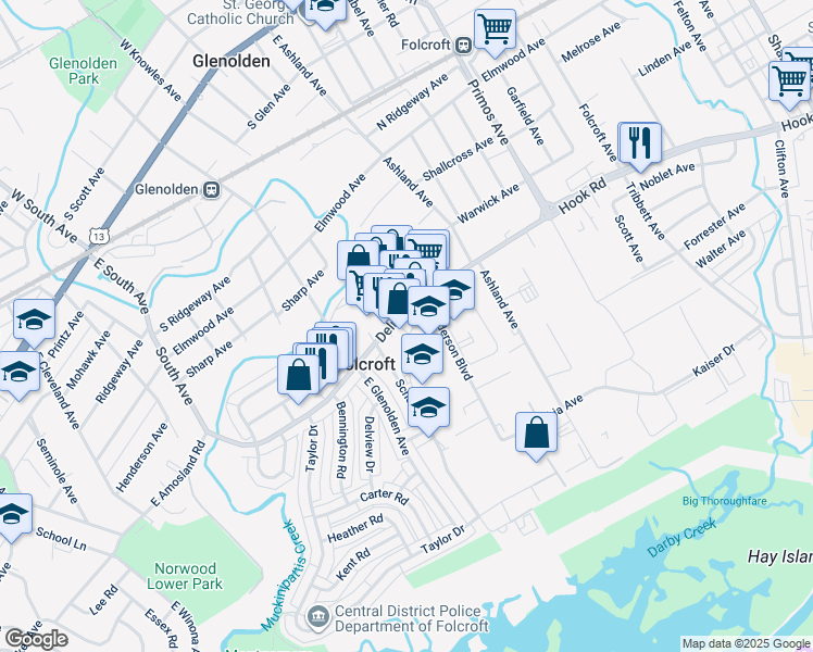 map of restaurants, bars, coffee shops, grocery stores, and more near 1835 Delmar Drive in Folcroft