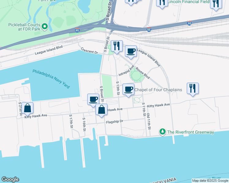 map of restaurants, bars, coffee shops, grocery stores, and more near 4701 South Broad Street in Philadelphia