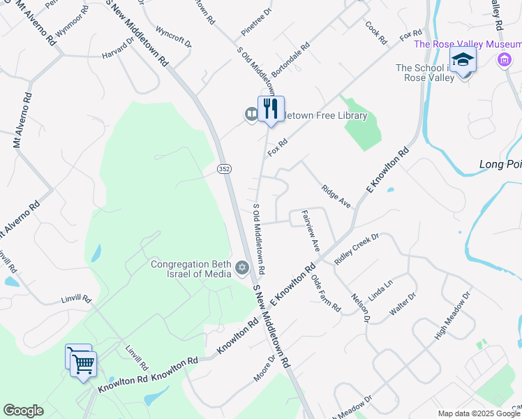 map of restaurants, bars, coffee shops, grocery stores, and more near 523 South Old Middletown Road in Media