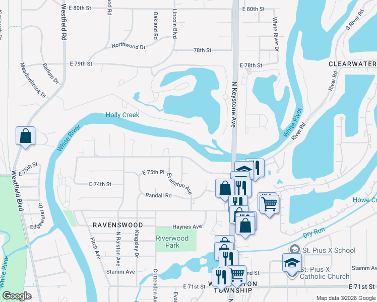 map of restaurants, bars, coffee shops, grocery stores, and more near 2214 East 75th Street in Indianapolis