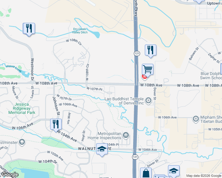 map of restaurants, bars, coffee shops, grocery stores, and more near 9135 West 107th Place in Westminster