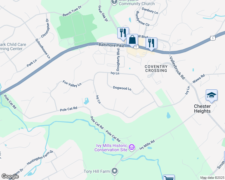 map of restaurants, bars, coffee shops, grocery stores, and more near 76 Dogwood Lane in Glen Mills