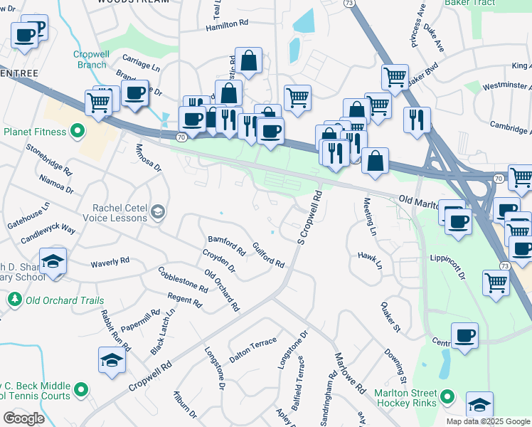 map of restaurants, bars, coffee shops, grocery stores, and more near 297 Ivy Court in Evesham Township