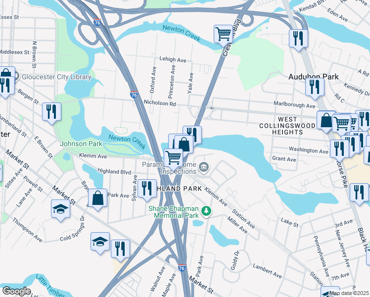 map of restaurants, bars, coffee shops, grocery stores, and more near 31 Crescent Boulevard in Gloucester City