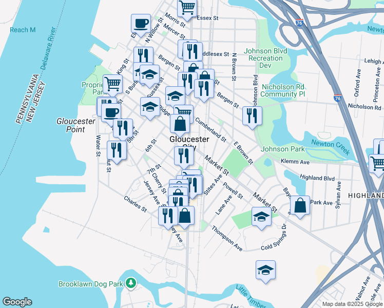 map of restaurants, bars, coffee shops, grocery stores, and more near 216 South Broadway in Gloucester City