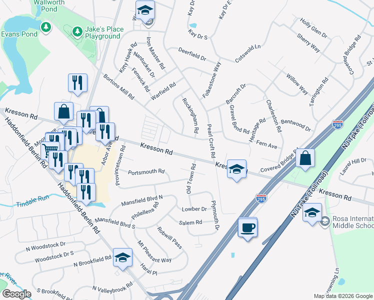 map of restaurants, bars, coffee shops, grocery stores, and more near 367 Bortons Mill Road in Cherry Hill