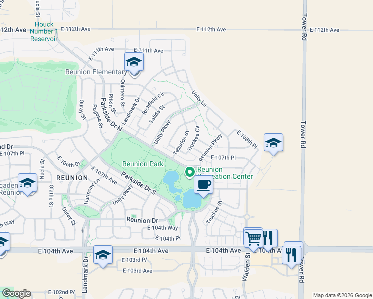 map of restaurants, bars, coffee shops, grocery stores, and more near 17825 East 107th Place in Commerce City
