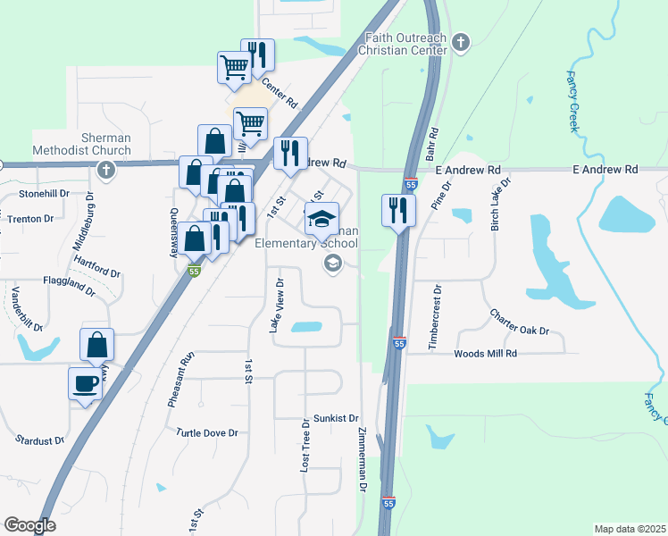 map of restaurants, bars, coffee shops, grocery stores, and more near 312 South Street in Sherman