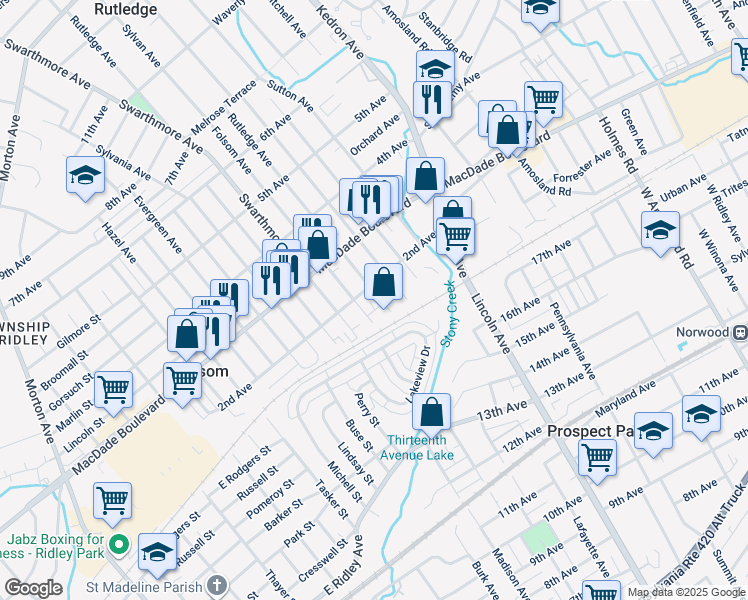 map of restaurants, bars, coffee shops, grocery stores, and more near 123 Rutledge Avenue in Folsom