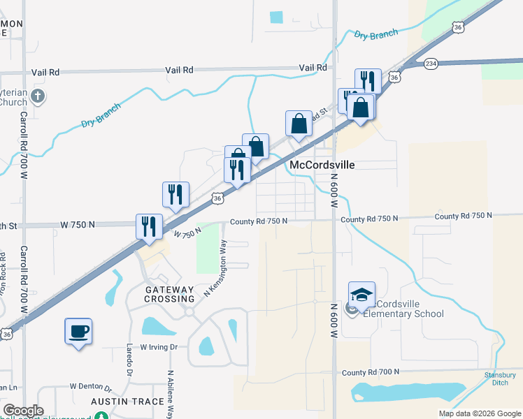 map of restaurants, bars, coffee shops, grocery stores, and more near 7535 North Form Street in McCordsville