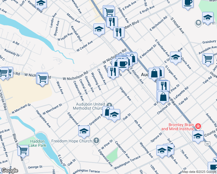 map of restaurants, bars, coffee shops, grocery stores, and more near 113 Creston Avenue in Audubon