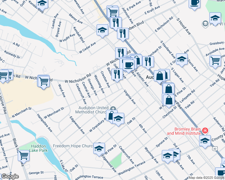 map of restaurants, bars, coffee shops, grocery stores, and more near 113 Creston Avenue in Audubon