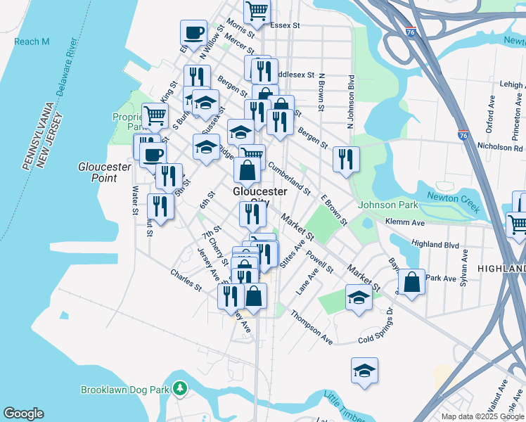 map of restaurants, bars, coffee shops, grocery stores, and more near 216 South Broadway in Gloucester City