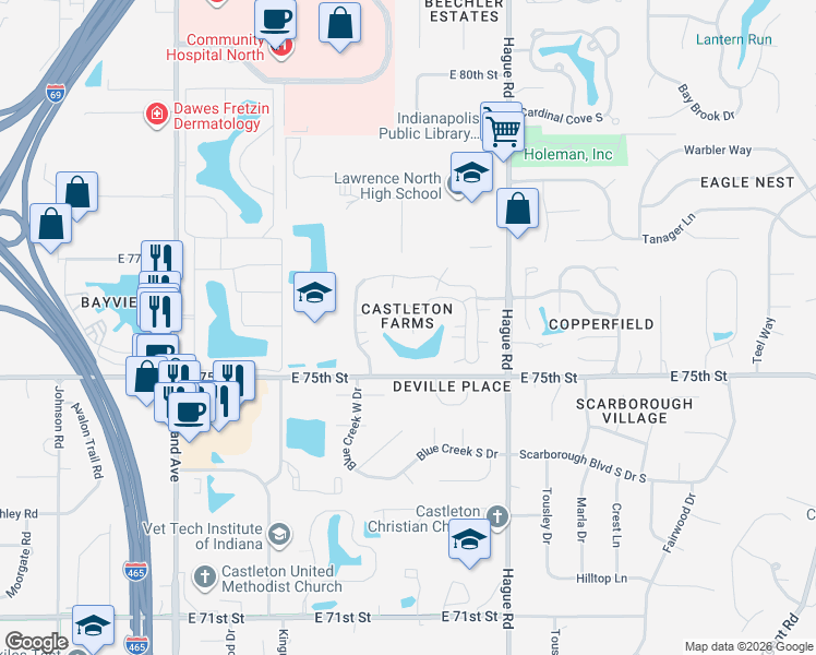 map of restaurants, bars, coffee shops, grocery stores, and more near in Indianapolis