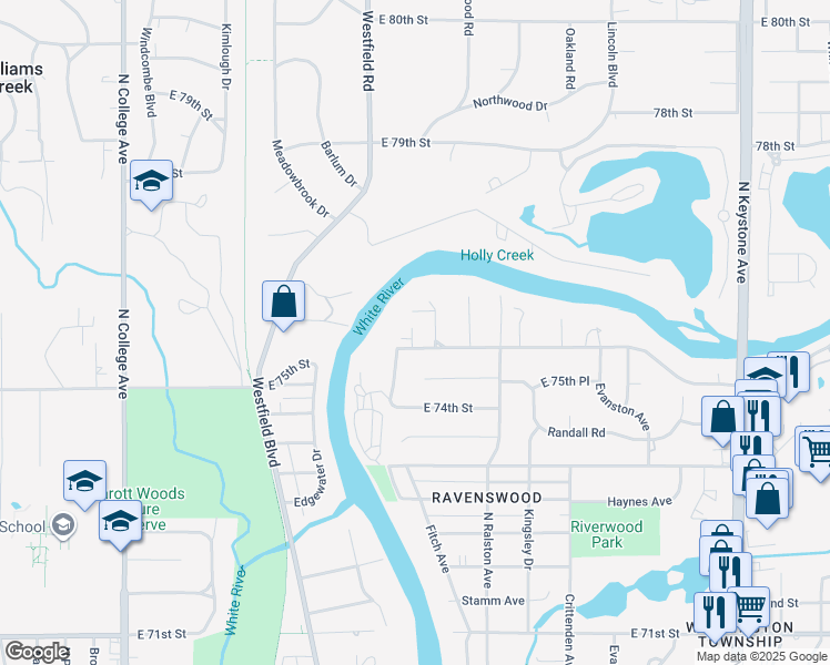 map of restaurants, bars, coffee shops, grocery stores, and more near 1410 East 75th Street in Indianapolis