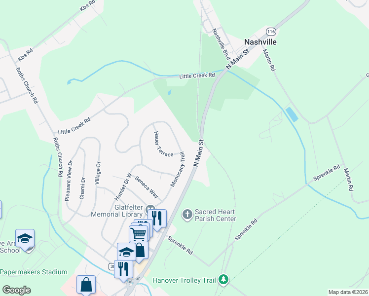 map of restaurants, bars, coffee shops, grocery stores, and more near 536 Monocacy Trail in Spring Grove
