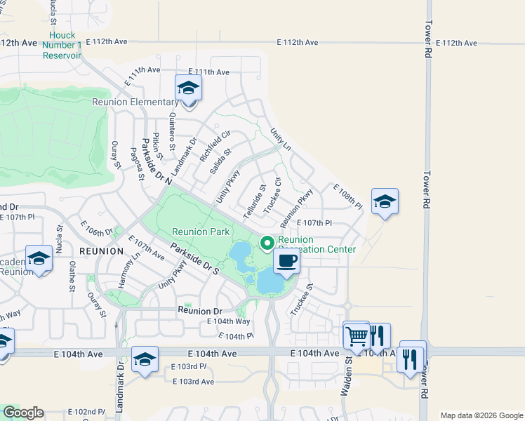 map of restaurants, bars, coffee shops, grocery stores, and more near 17825 East 107th Place in Commerce City