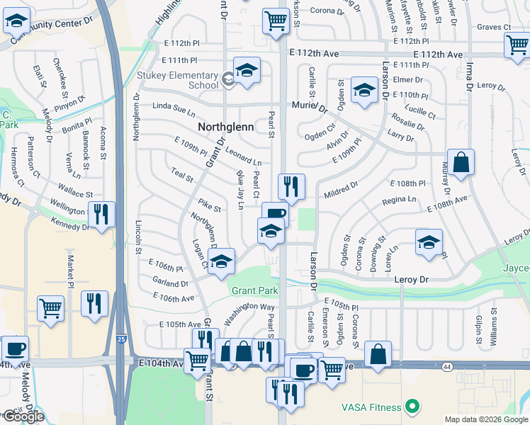 map of restaurants, bars, coffee shops, grocery stores, and more near 10814 Pearl Court in Northglenn