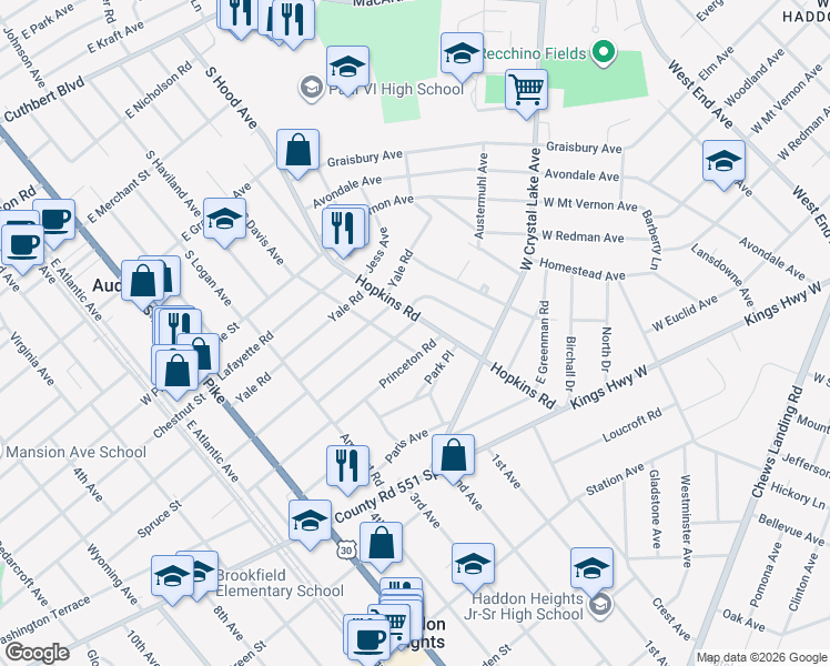map of restaurants, bars, coffee shops, grocery stores, and more near 220 Carlisle Road in Audubon