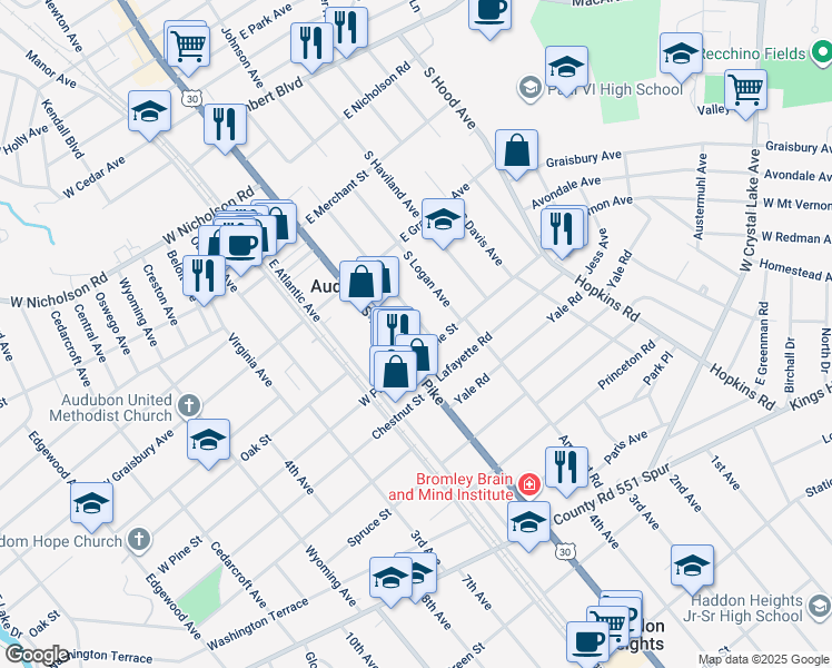 map of restaurants, bars, coffee shops, grocery stores, and more near 252 South Lecato Avenue in Audubon