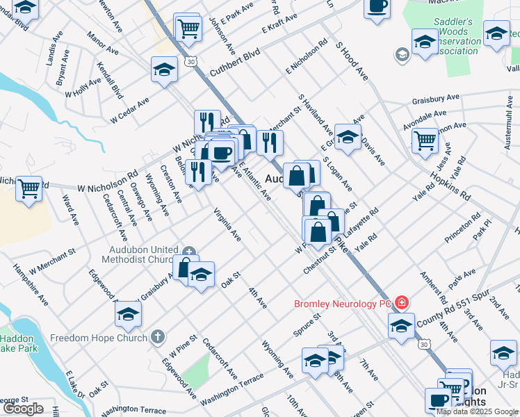 map of restaurants, bars, coffee shops, grocery stores, and more near 152 West Atlantic Avenue in Audubon