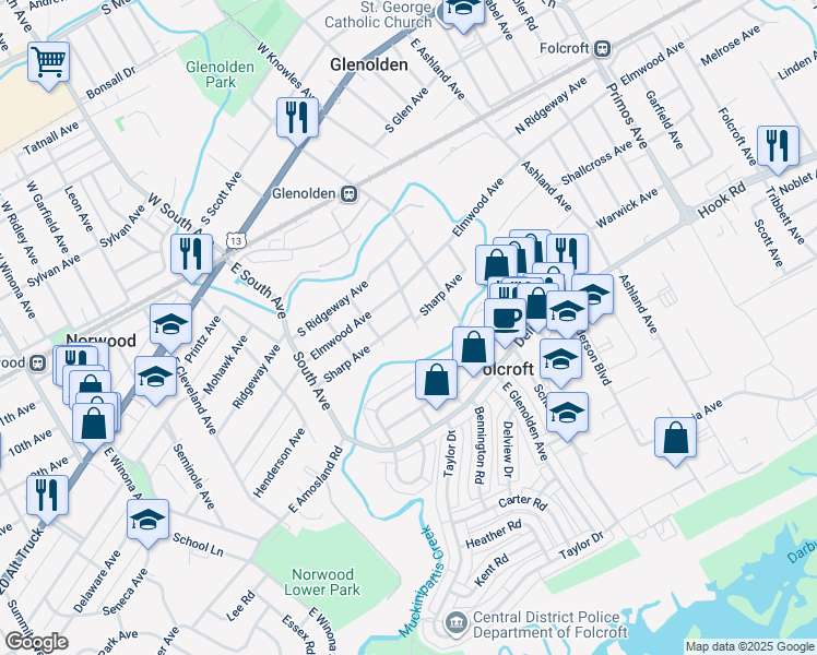 map of restaurants, bars, coffee shops, grocery stores, and more near 403 Sharp Avenue in Glenolden