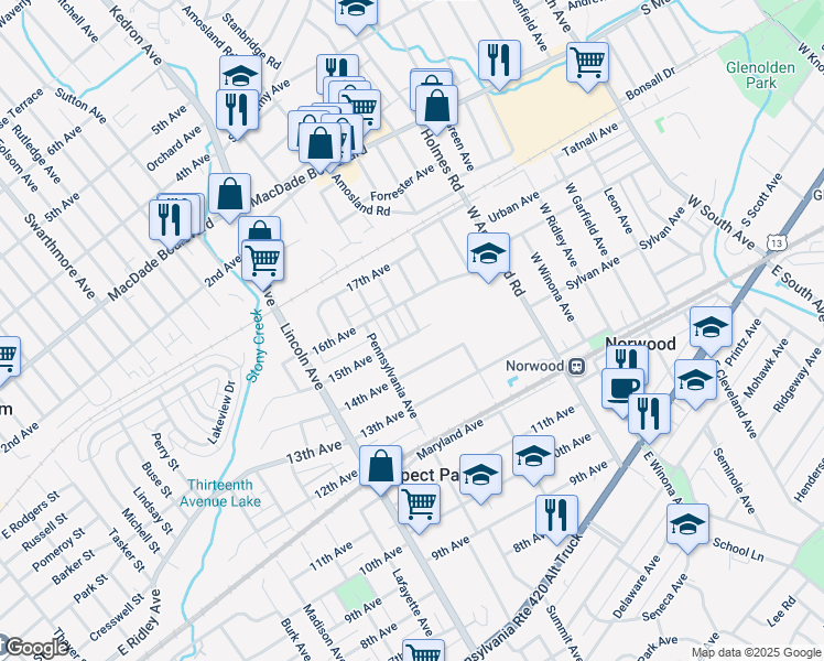 map of restaurants, bars, coffee shops, grocery stores, and more near 1500 Evans Avenue in Prospect Park