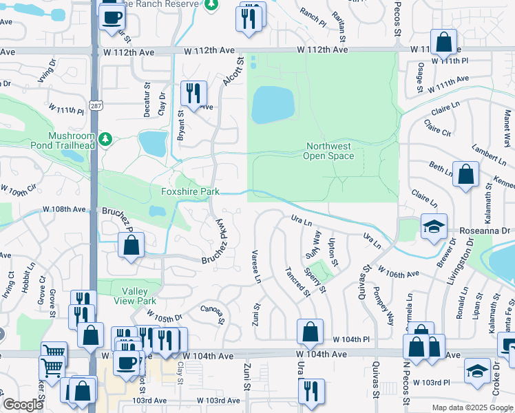 map of restaurants, bars, coffee shops, grocery stores, and more near 10755 Varese Lane in Northglenn