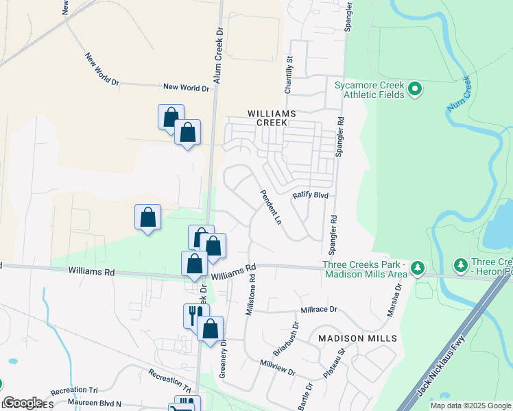 map of restaurants, bars, coffee shops, grocery stores, and more near 3697 Weeping Willow Boulevard in Columbus
