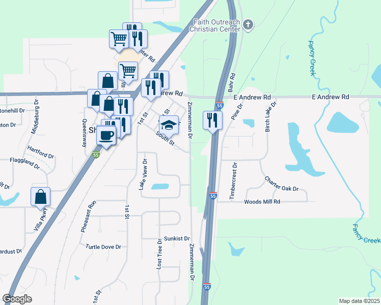 map of restaurants, bars, coffee shops, grocery stores, and more near 1709 Zimmerman Drive in Sherman